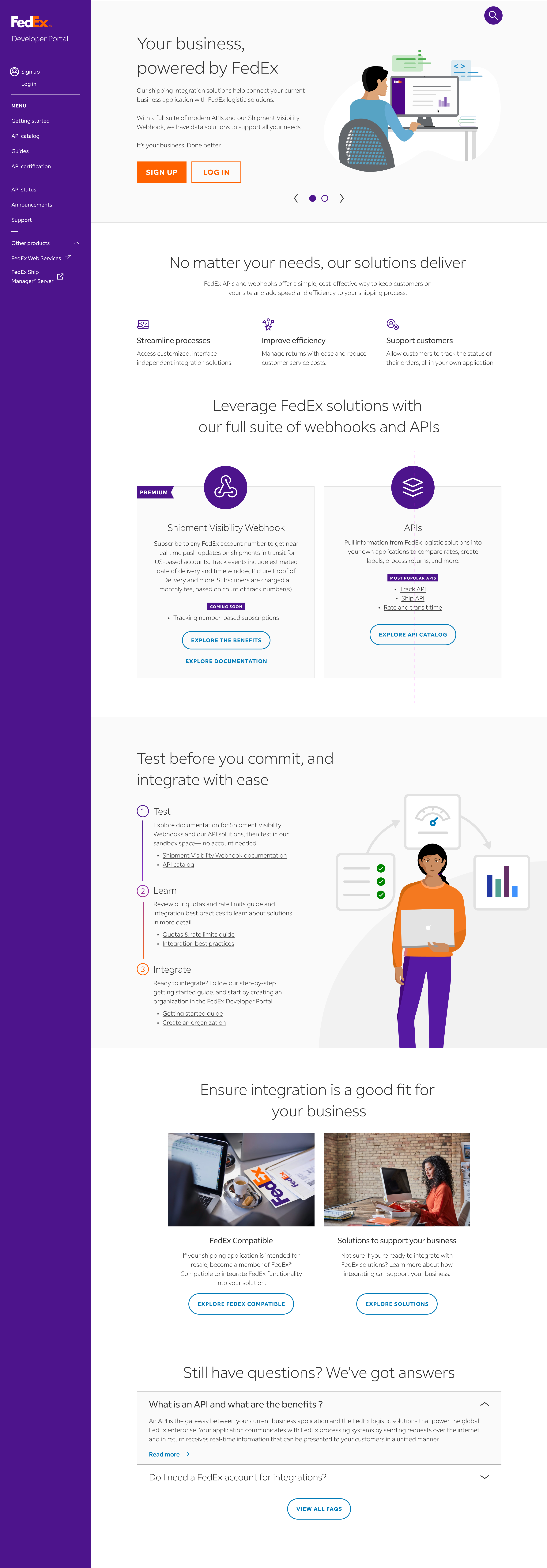 FedEx Developer Portal — updated pre-login homepage